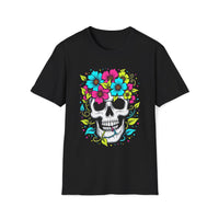 Macabre Threads Black Floral Spiral Flower Crown Skull T Shirt – Colorful Gothic Tee