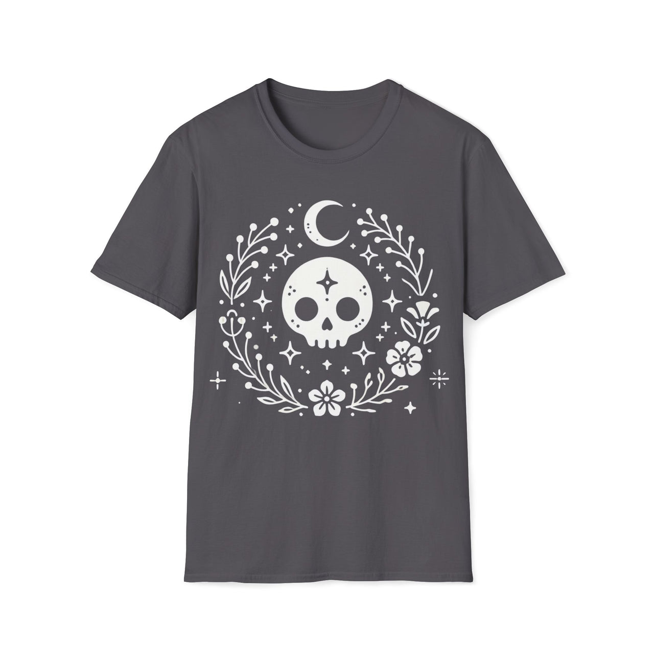 Macabre Threads Charcoal Skull and Crescent – Minimalist Skull T-Shirt