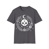 Macabre Threads Charcoal Skull and Crescent – Minimalist Skull T-Shirt