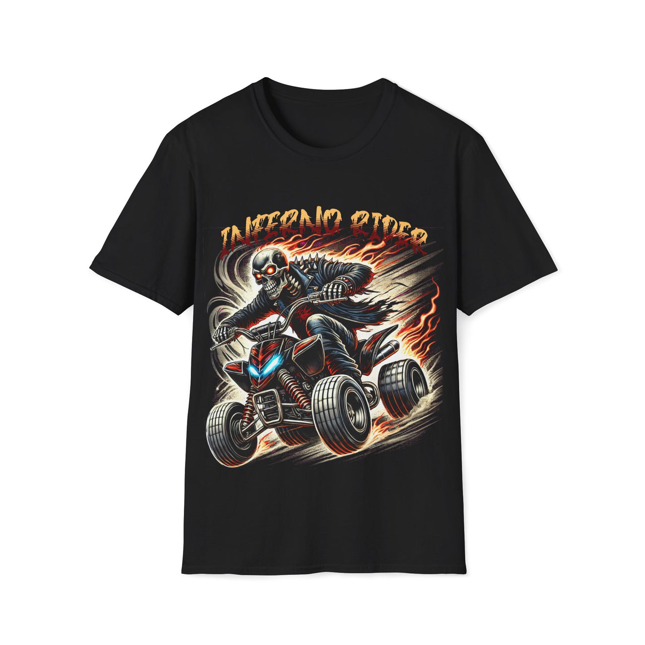 Macabre Threads Black Inferno Rider - Fiery Skeleton on ATV Graphic Tee