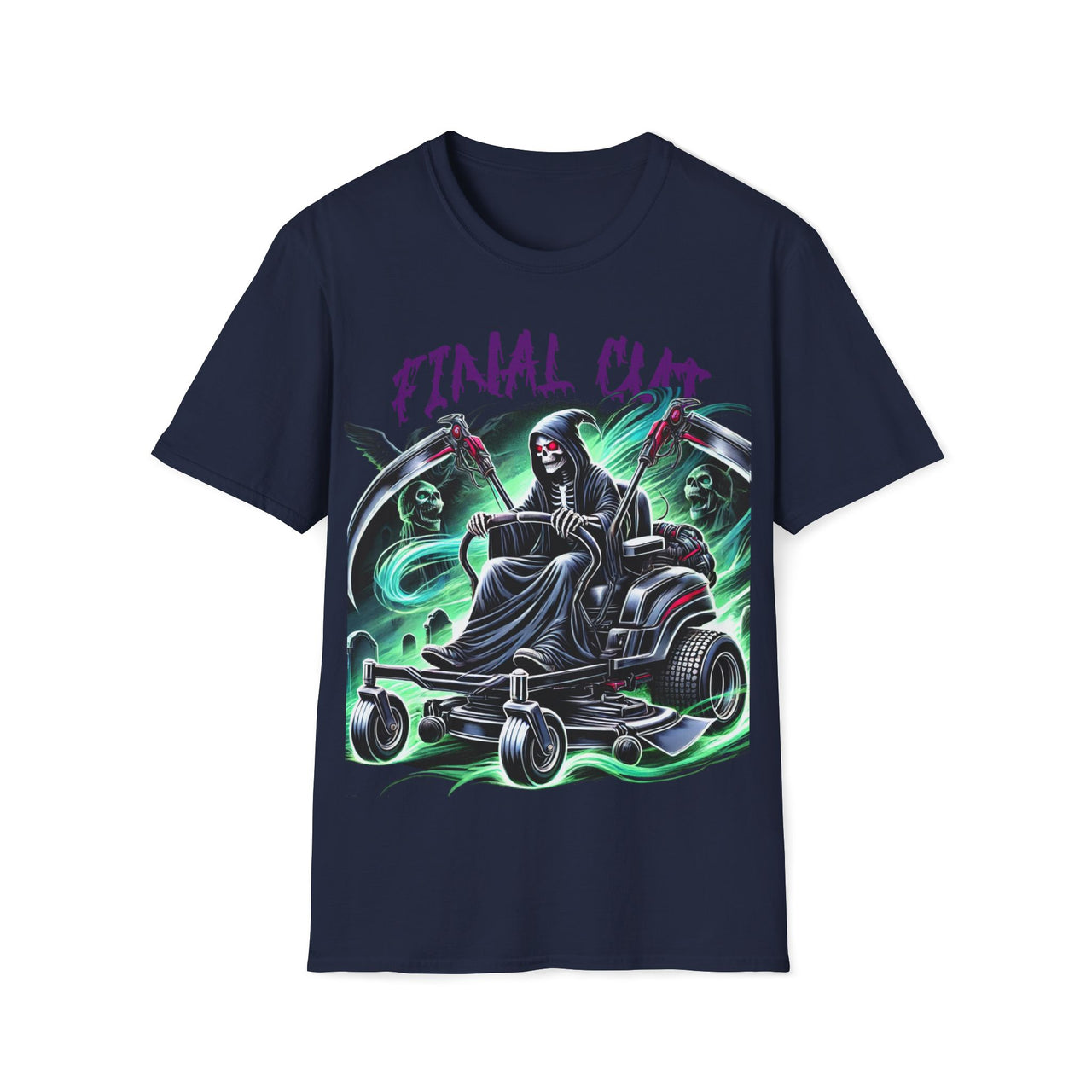 Macabre Threads Navy Final Cut – Grim Reaper Lawn Mower T-Shirt