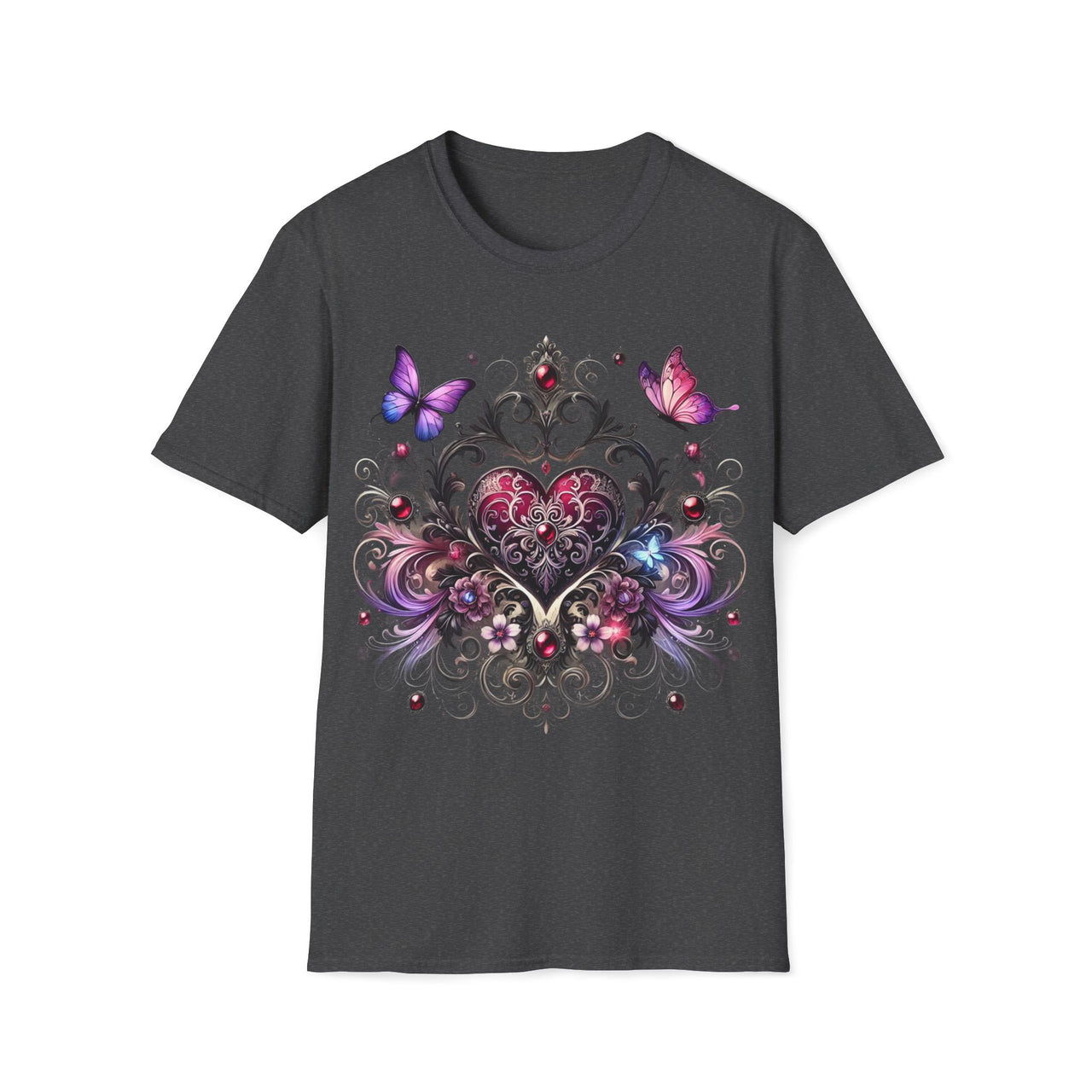 Macabre Threads Dark Heather Elegant Heart T-Shirt – Gothic Romance Butterfly Tee