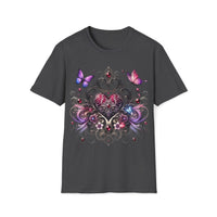 Macabre Threads Dark Heather Elegant Heart T-Shirt – Gothic Romance Butterfly Tee