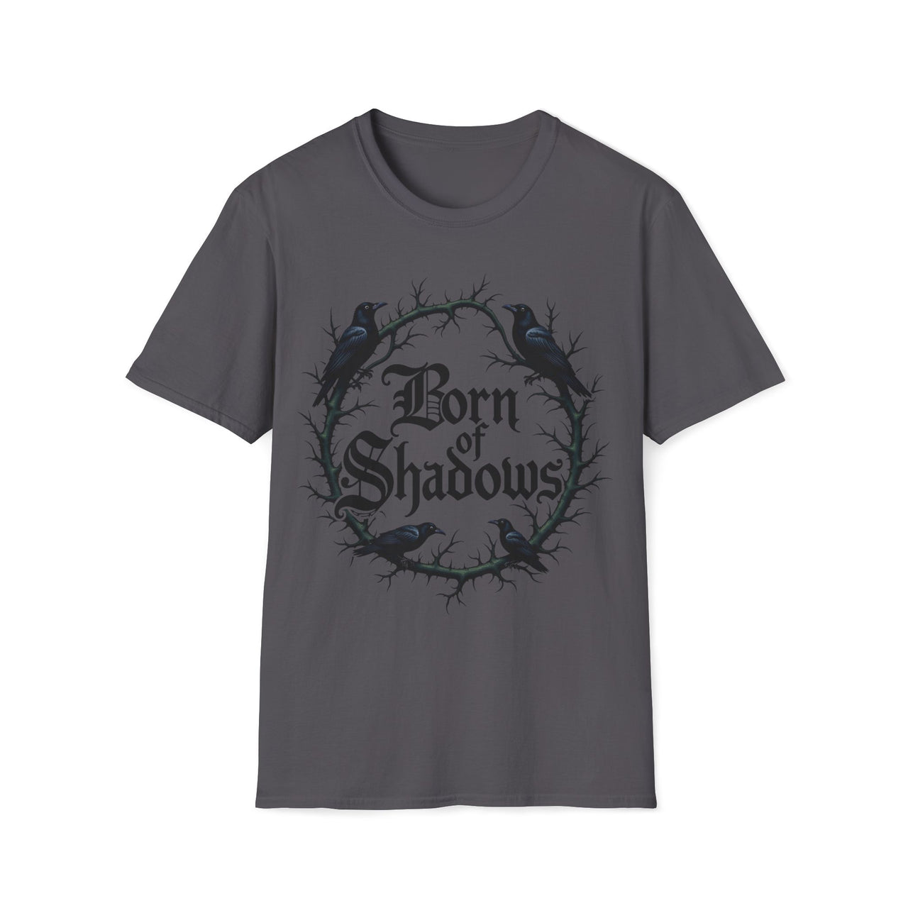 Macabre Threads Charcoal Shadow Born T-Shirt – Gothic Typography and Crow Design