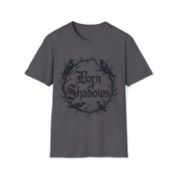 Macabre Threads Charcoal Shadow Born T-Shirt – Gothic Typography and Crow Design