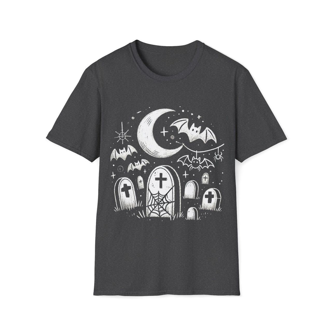 Macabre Threads Dark Heather Starlit Rest T-Shirt – Gothic Graveyard Under the Moon