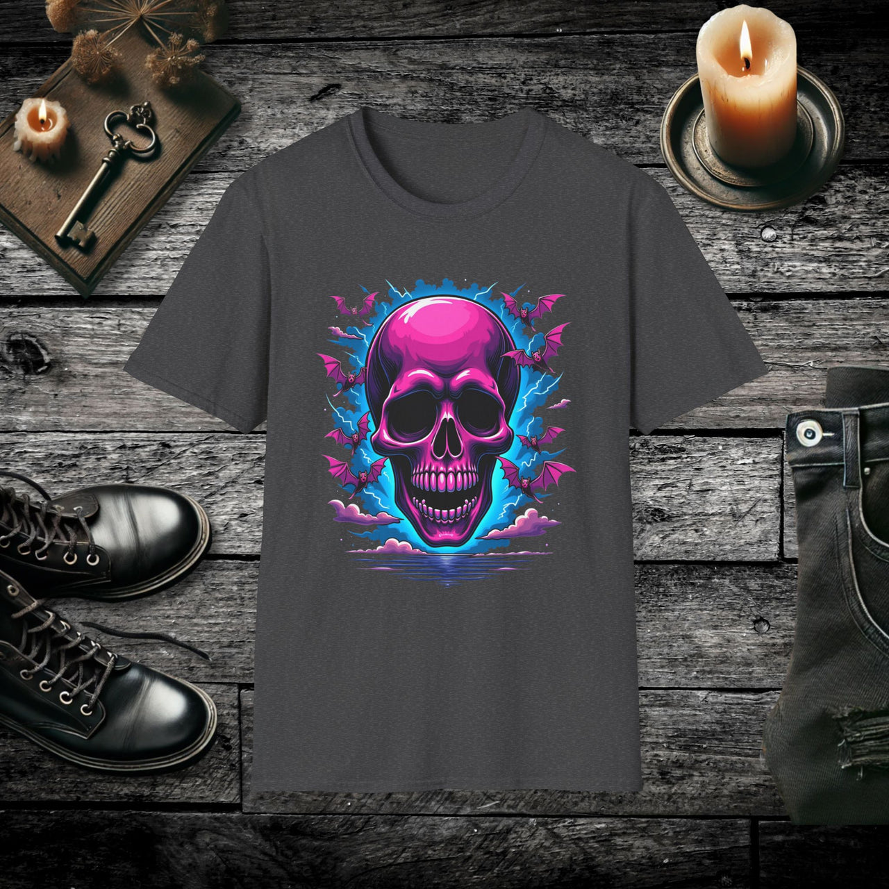 Bat Swirl Skull T Shirt – Neon Gothic Bat Skull Tee
