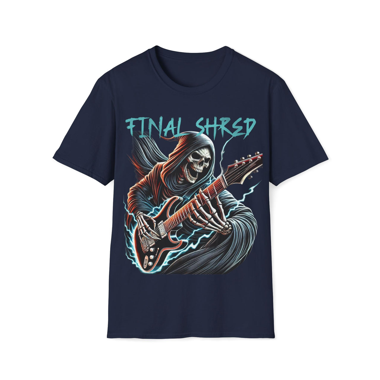 Macabre Threads Navy Strings of Fate – Grim Reaper Guitar T-Shirt
