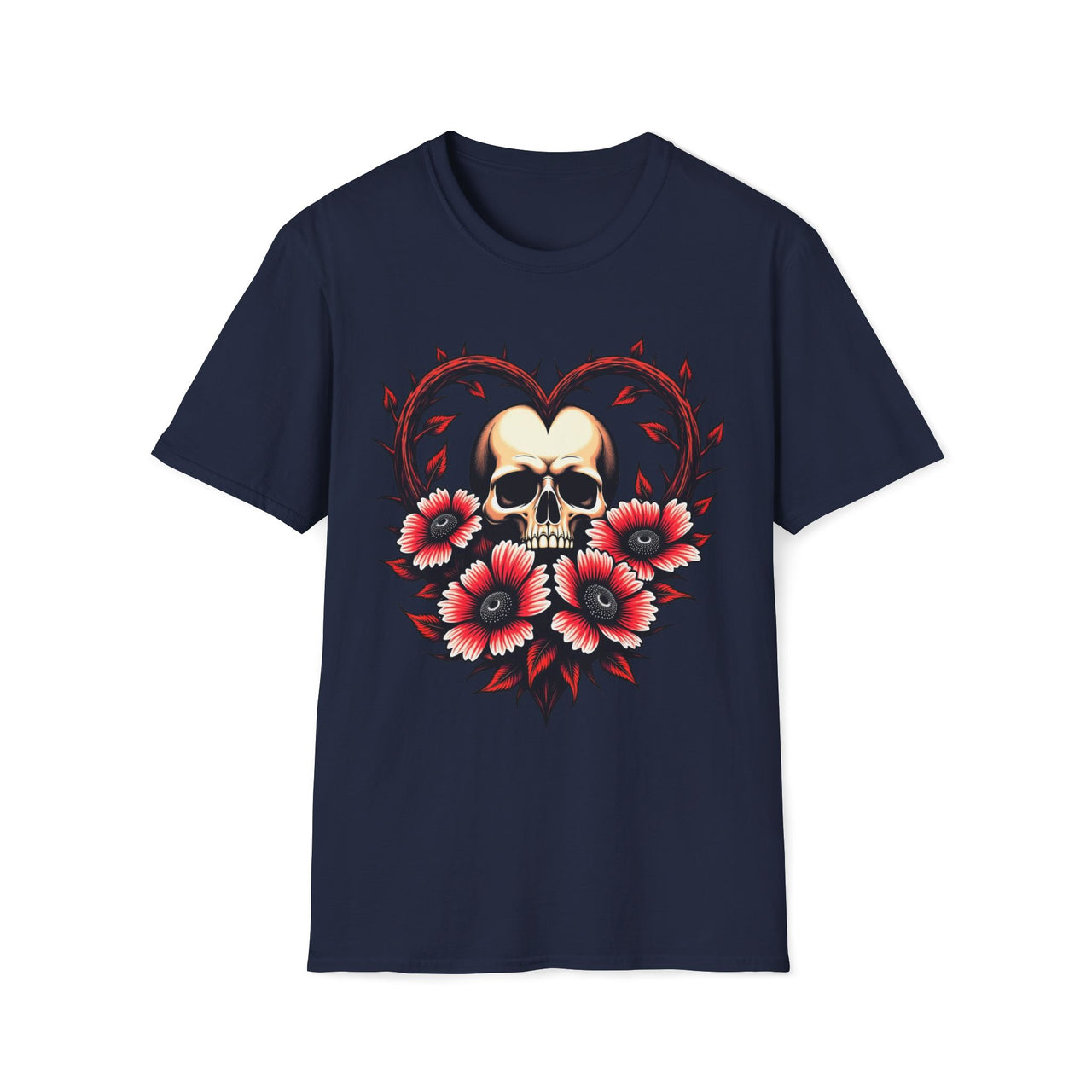 Macabre Threads Navy Gothic Bloom Romantic Skull T Shirt – Dark Floral Gothic Tee