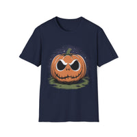Macabre Threads Navy Scary Pumpkin Shirt – Creepy Jack-O’-Lantern Halloween Tee