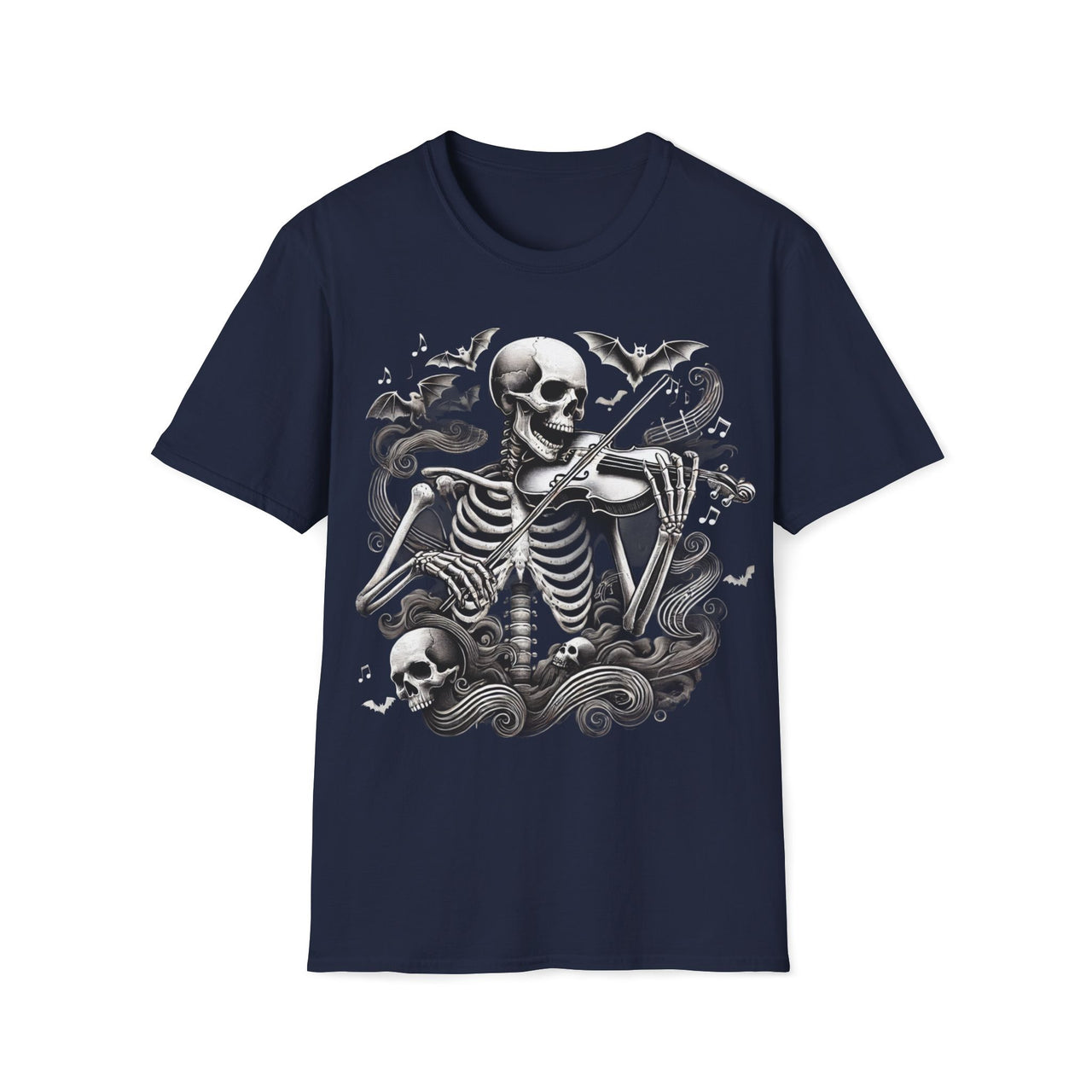 Macabre Threads Navy Bone Elegy T-Shirt – Skeleton Violinist Gothic Design