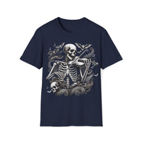 Macabre Threads Navy Bone Elegy T-Shirt – Skeleton Violinist Gothic Design