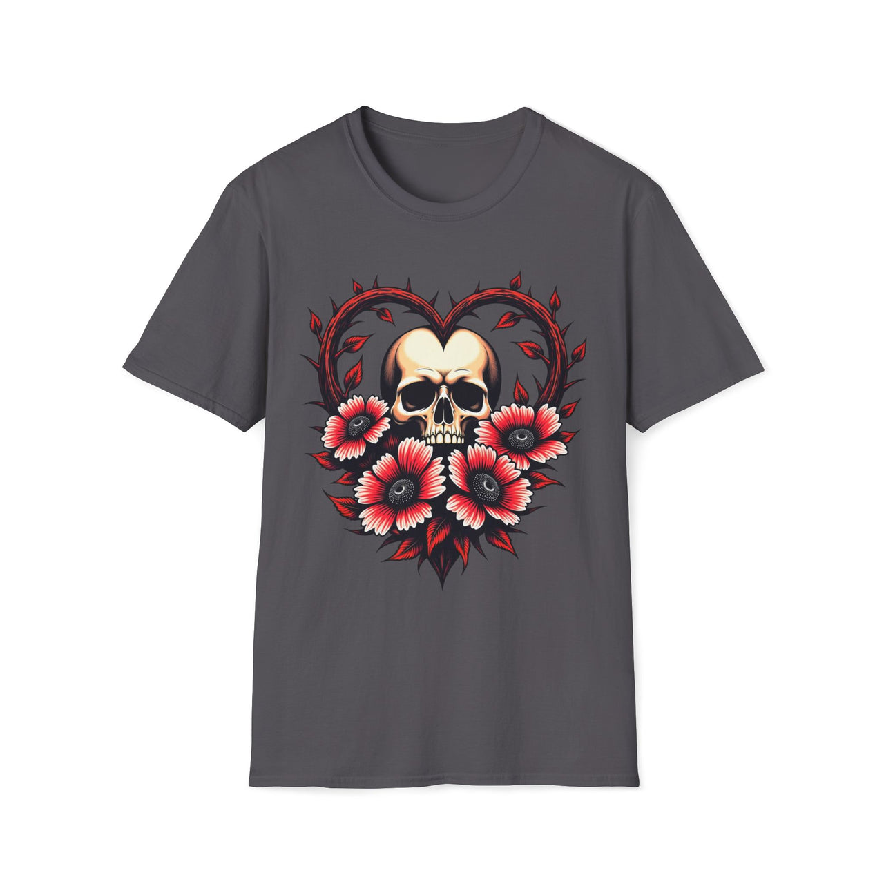Macabre Threads Charcoal Gothic Bloom Romantic Skull T Shirt – Dark Floral Gothic Tee