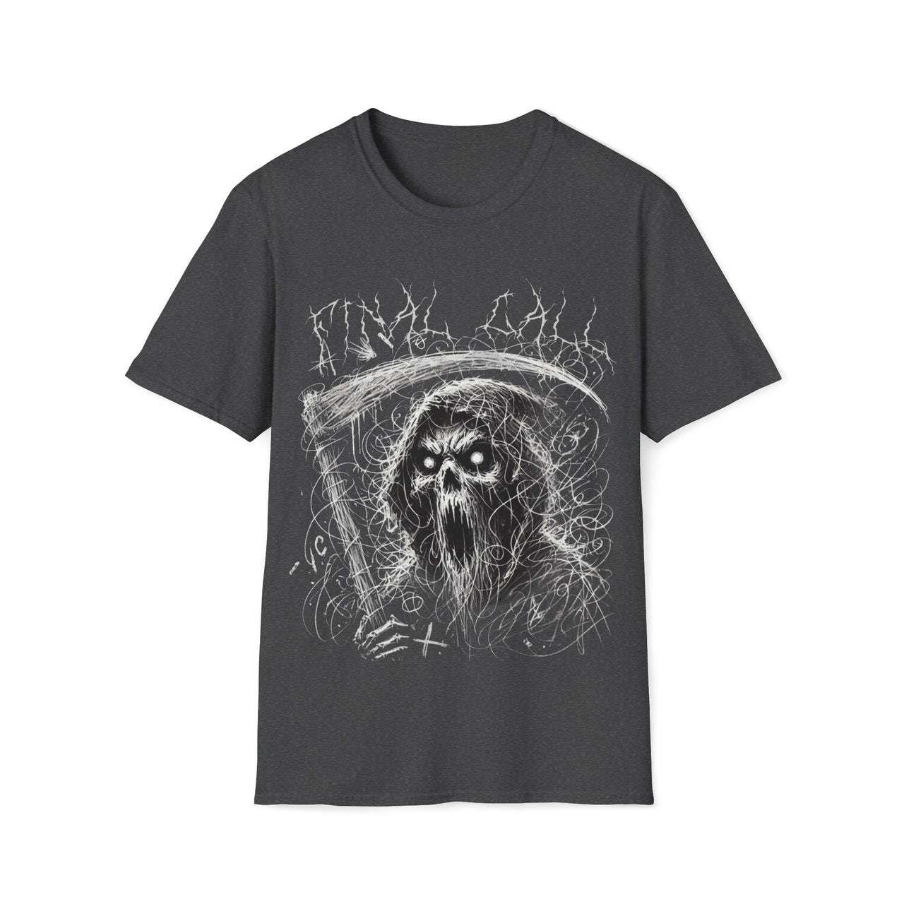 Macabre Threads Dark Heather Final Call – Chaotic Sketch Reaper Tee