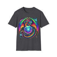 Macabre Threads Dark Heather Celestial Fury T-Shirt – Gothic Dragon Cosmic Orb Design