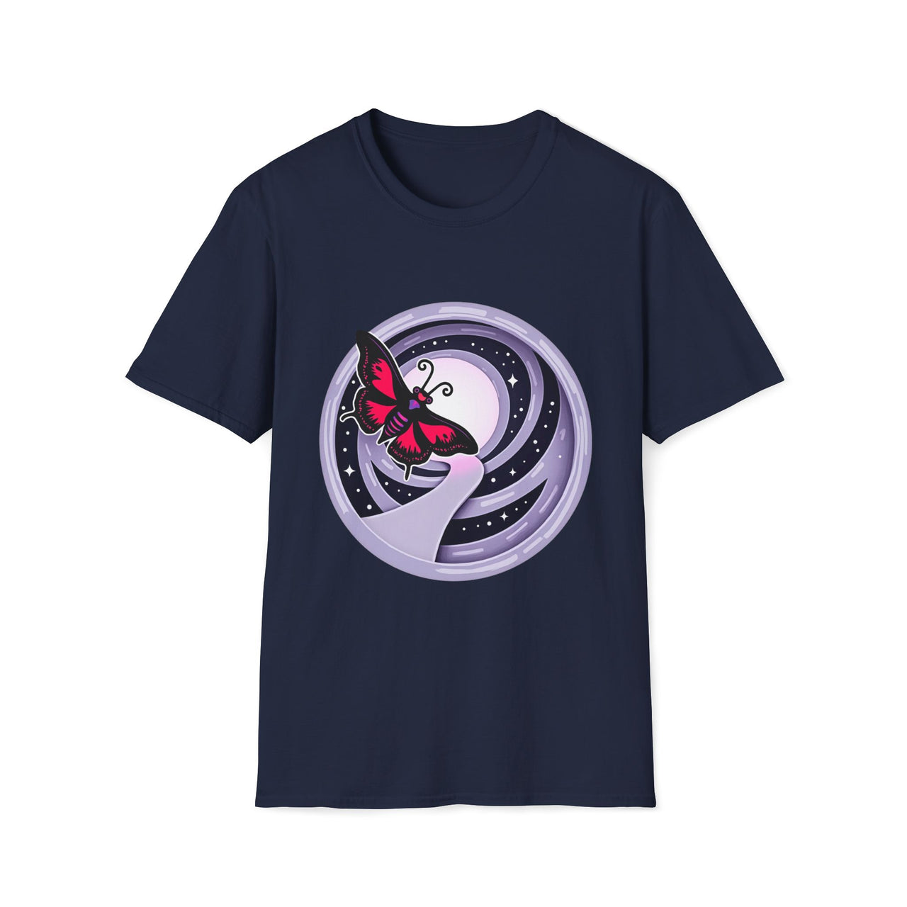 Macabre Threads Navy Mystical Flight T-Shirt – Gothic Butterfly Moon Graphic Tee