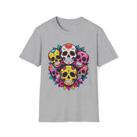 Macabre Threads Sport Grey Candy Skulls Sugar Skull T Shirt – Día de los Muertos Graphic Tee