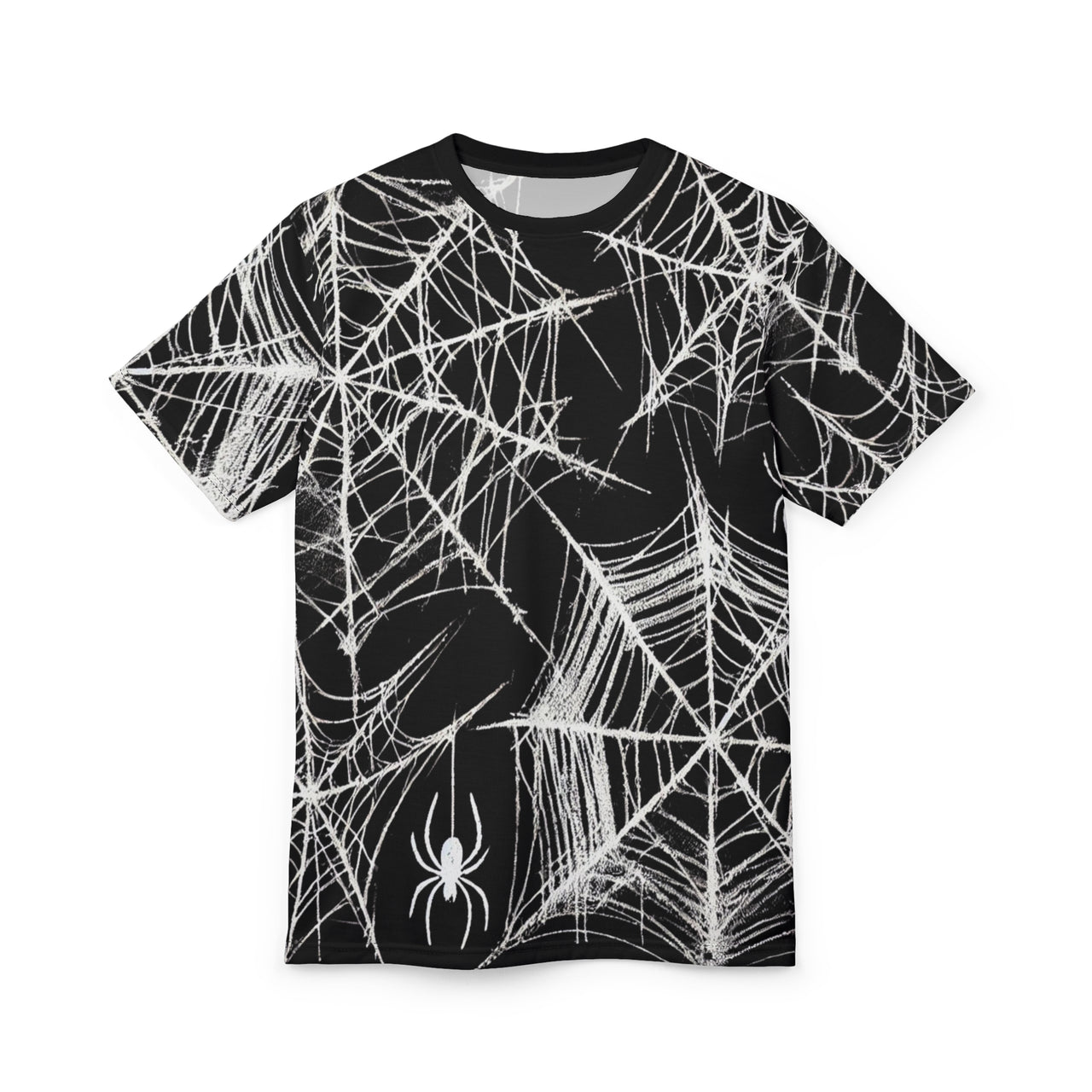 Macabre Threads Black stitching Widow’s Veil All-Over Print T-Shirt – Gothic Web Elegance Tee