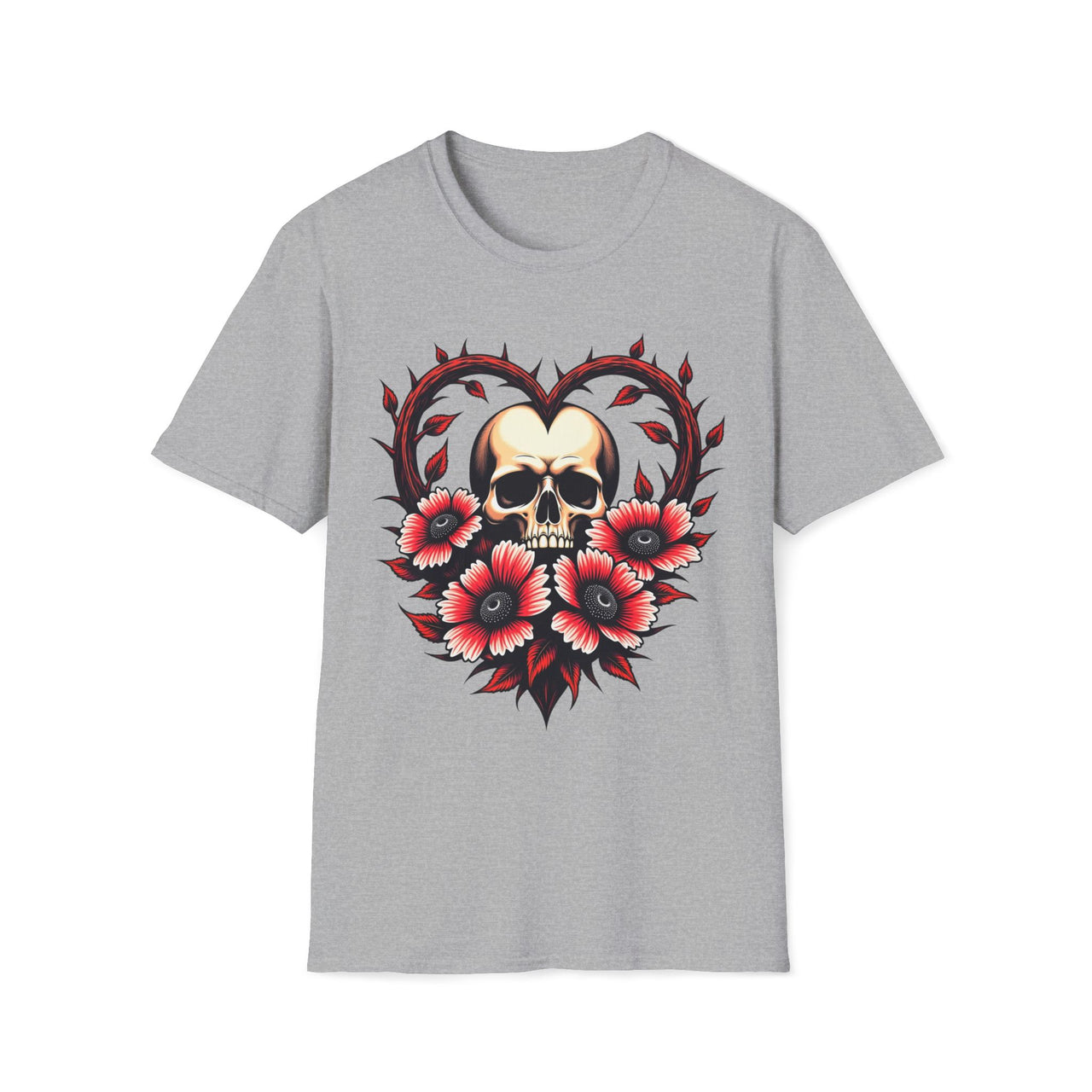 Macabre Threads Sport Grey Gothic Bloom Romantic Skull T Shirt – Dark Floral Gothic Tee
