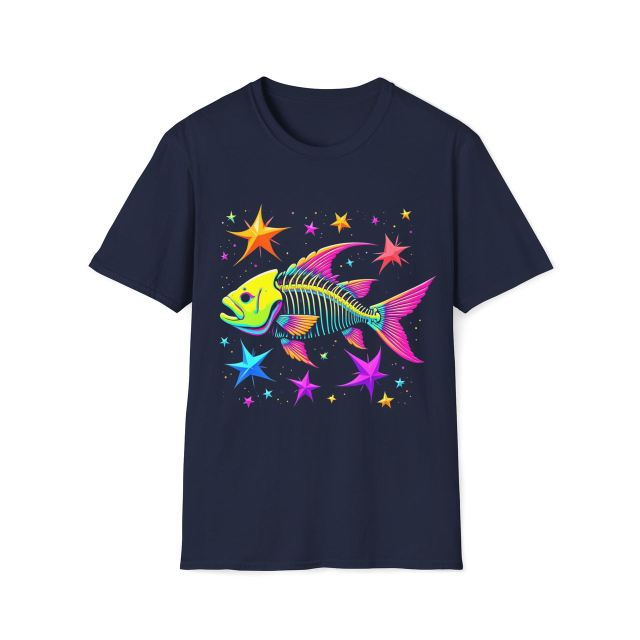 Macabre Threads Navy Neon Filament T-Shirt – Psychedelic Fish Skeleton Design
