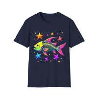 Macabre Threads Navy Neon Filament T-Shirt – Psychedelic Fish Skeleton Design