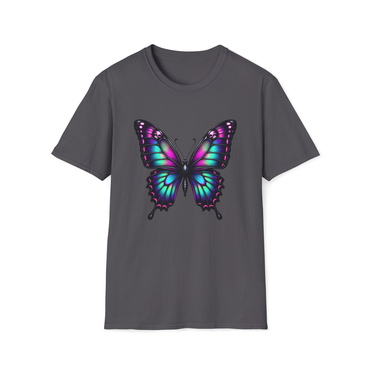 Macabre Threads Charcoal Psychedelic Butterfly T-Shirt – Gothic Neon Butterfly Graphic Tee