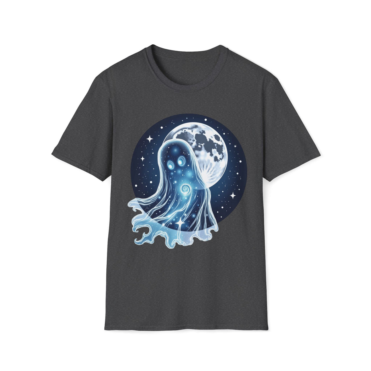 Macabre Threads Dark Heather Lunar Apparition T-Shirt – Cosmic Ghost Moon Graphic Tee