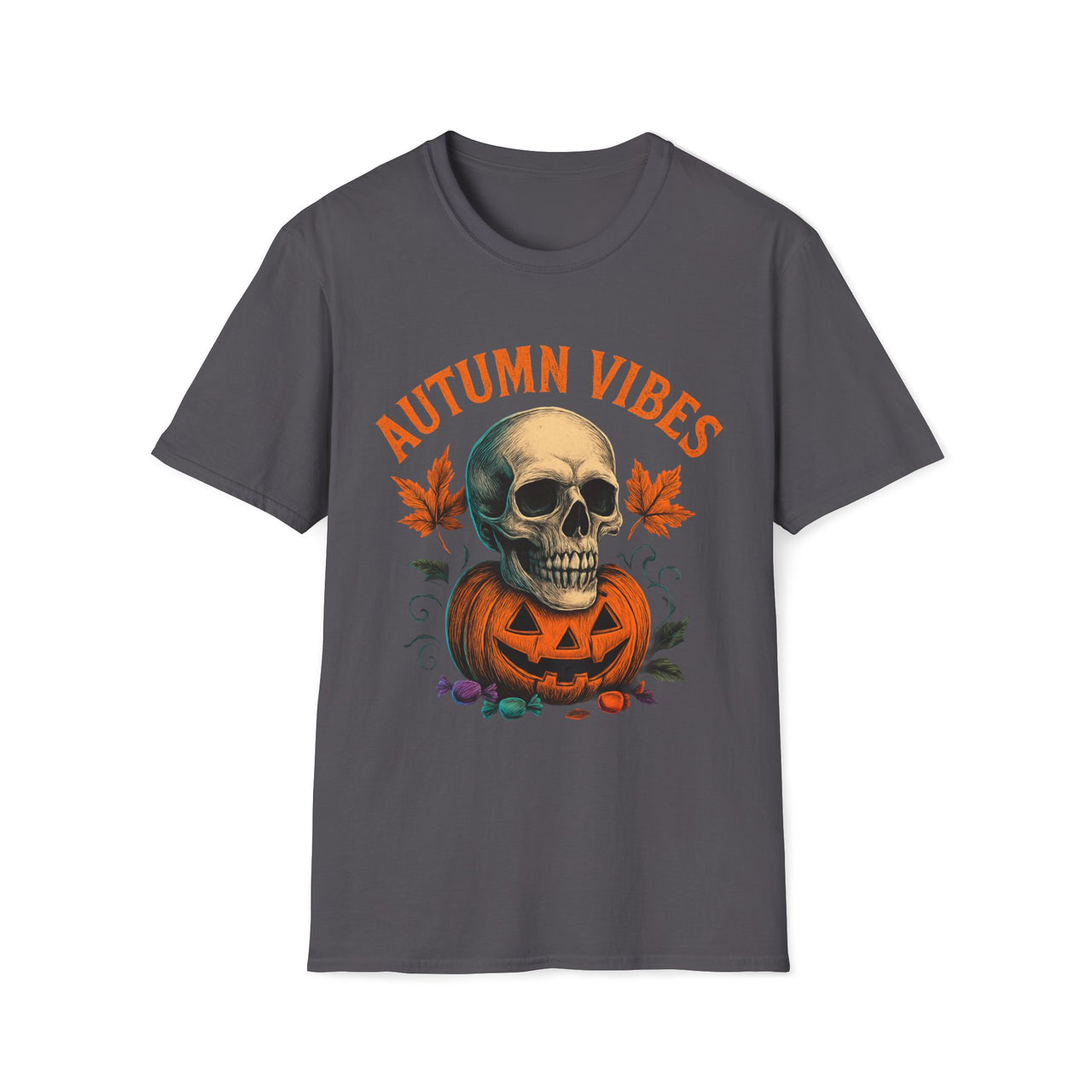 Autumn Vibes T-Shirt – Halloween Skull and Pumpkin Shirt