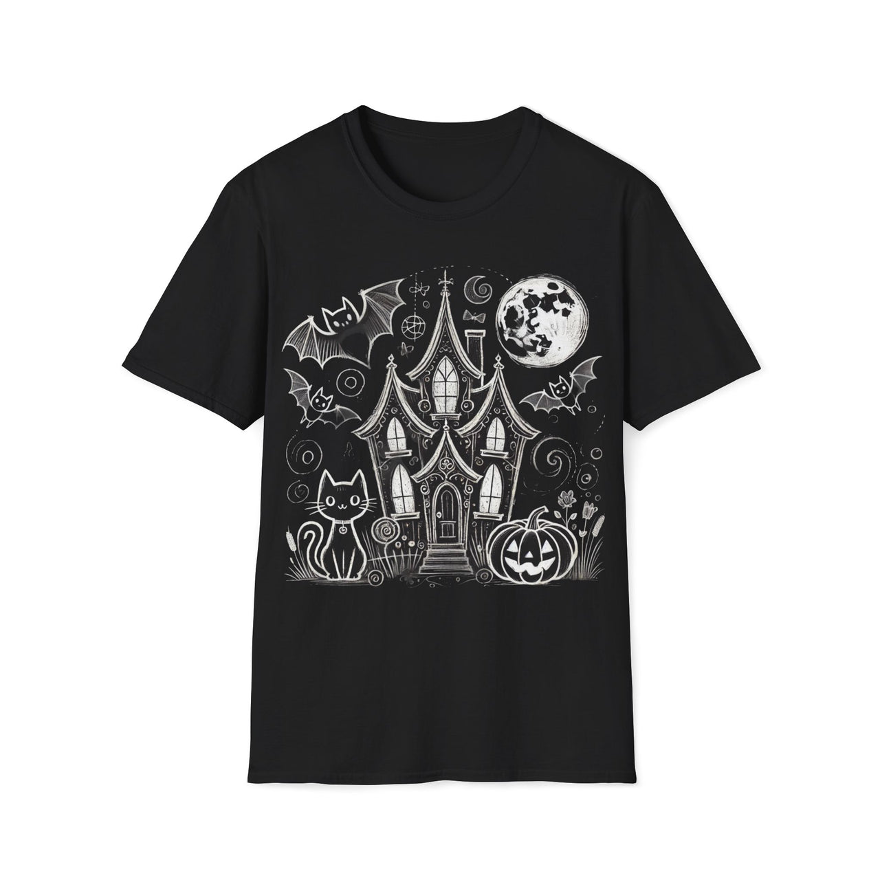 Macabre Threads Black Haunted House T-Shirt – Halloween Ghosts and Bats Tee