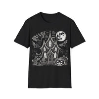 Macabre Threads Black Haunted House T-Shirt – Halloween Ghosts and Bats Tee