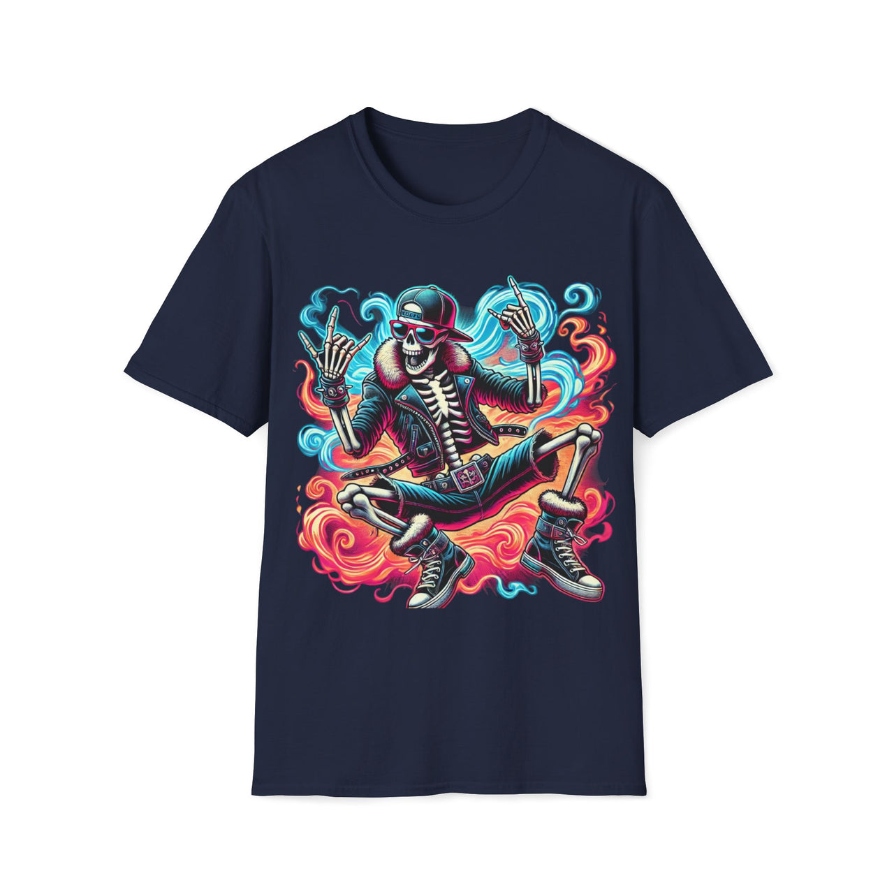 Macabre Threads Navy Reaper Riot – Colorful Skeleton Reaper T-Shirt