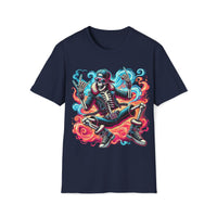 Macabre Threads Navy Reaper Riot – Colorful Skeleton Reaper T-Shirt