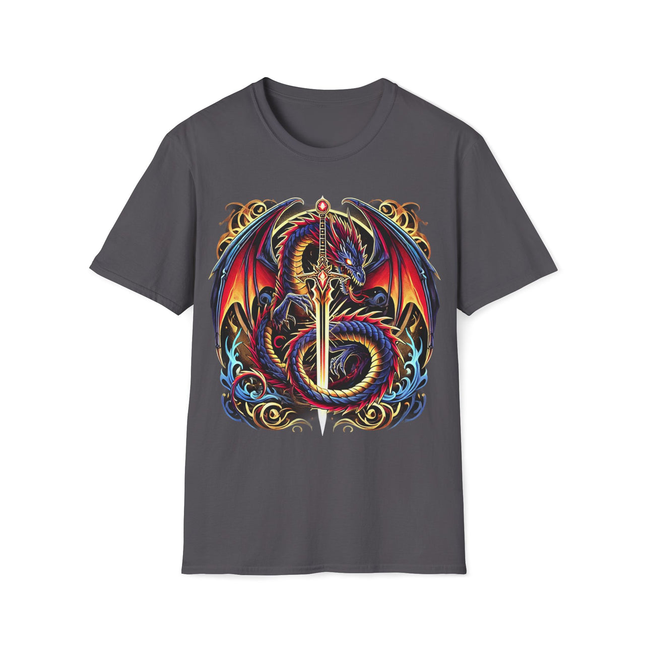 Macabre Threads Charcoal Arcane Blade T-Shirt – Gothic Dragon Sword Design