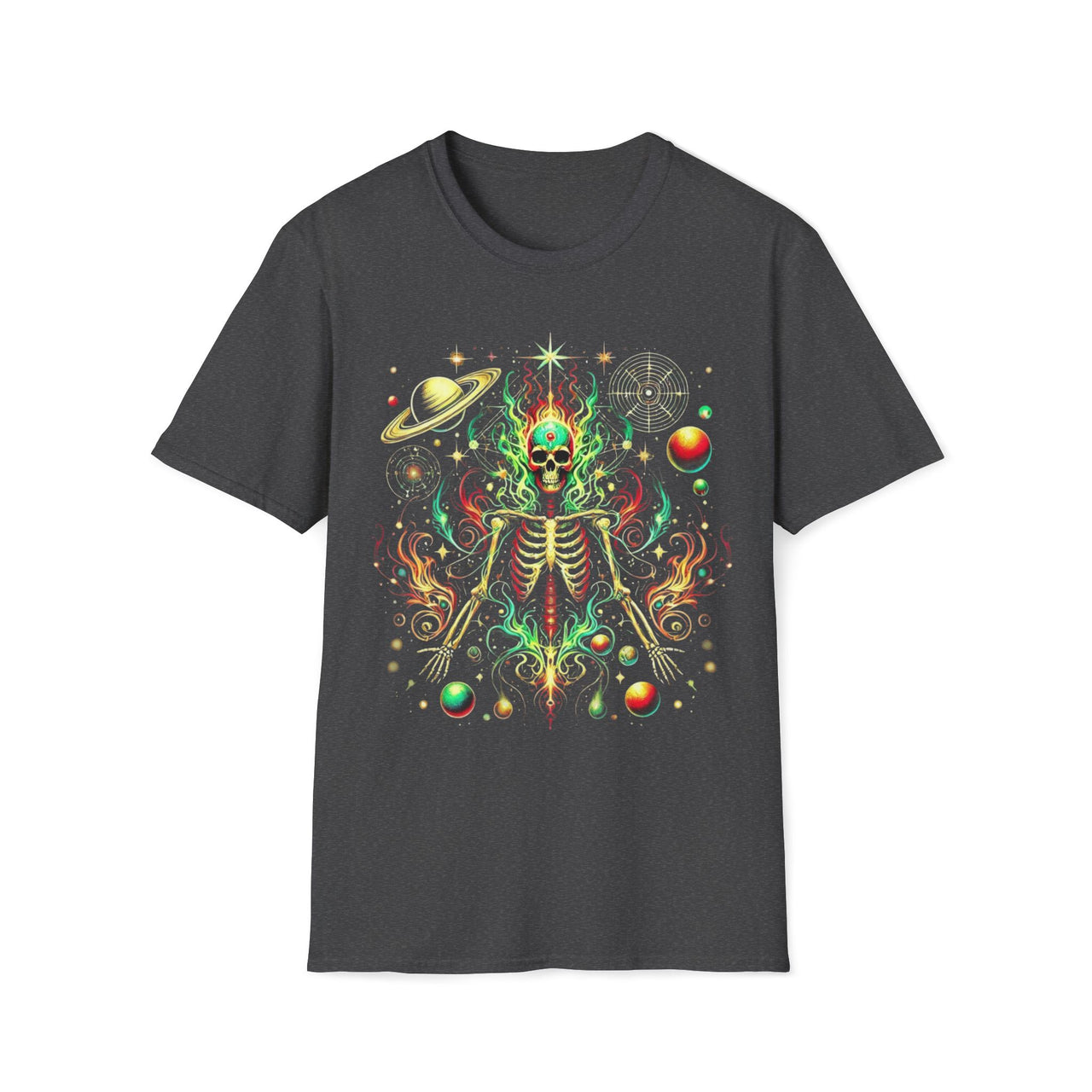 Macabre Threads Dark Heather Stellar Revenant T-Shirt – Cosmic Skeleton Fire Design