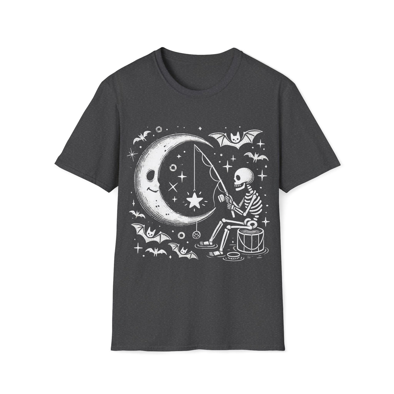 Macabre Threads Dark Heather Starlight Catch T-Shirt – Whimsical Gothic Skeleton Design