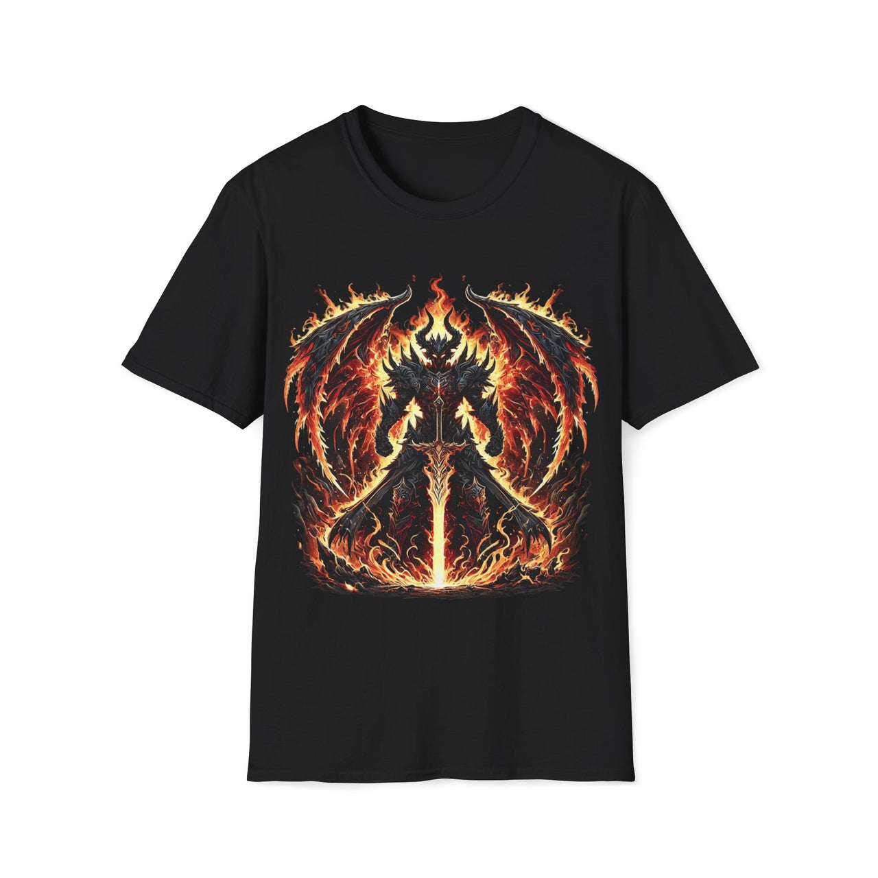 Macabre Threads Black Infernal Overlord T-Shirt – Demonic Warrior in Flames