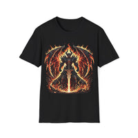 Macabre Threads Black Infernal Overlord T-Shirt – Demonic Warrior in Flames