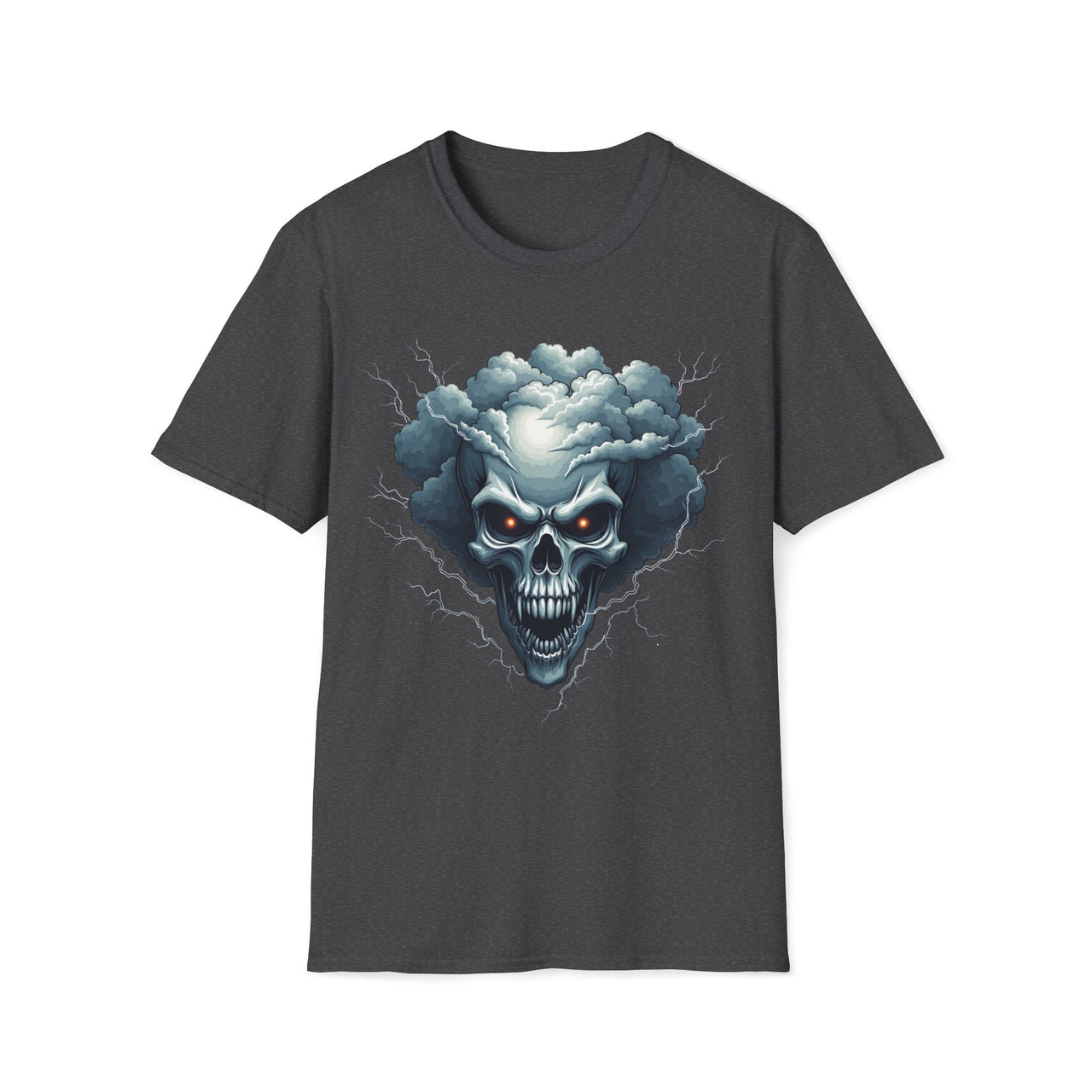 Macabre Threads Dark Heather Skull Storm Lightning Skull T Shirt – Gothic Thunder Skull Tee