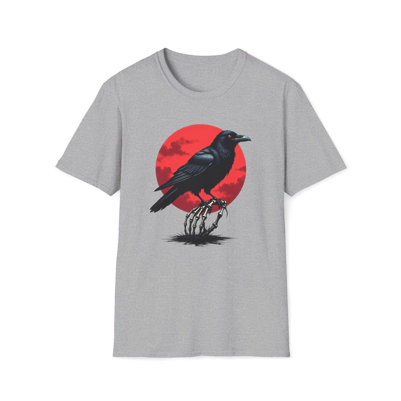 Macabre Threads Sport Grey Raven Twilight T-Shirt – Gothic Raven and Red Moon Graphic Tee