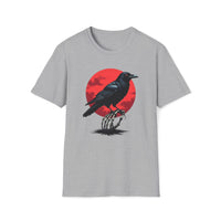 Macabre Threads Sport Grey Raven Twilight T-Shirt – Gothic Raven and Red Moon Graphic Tee