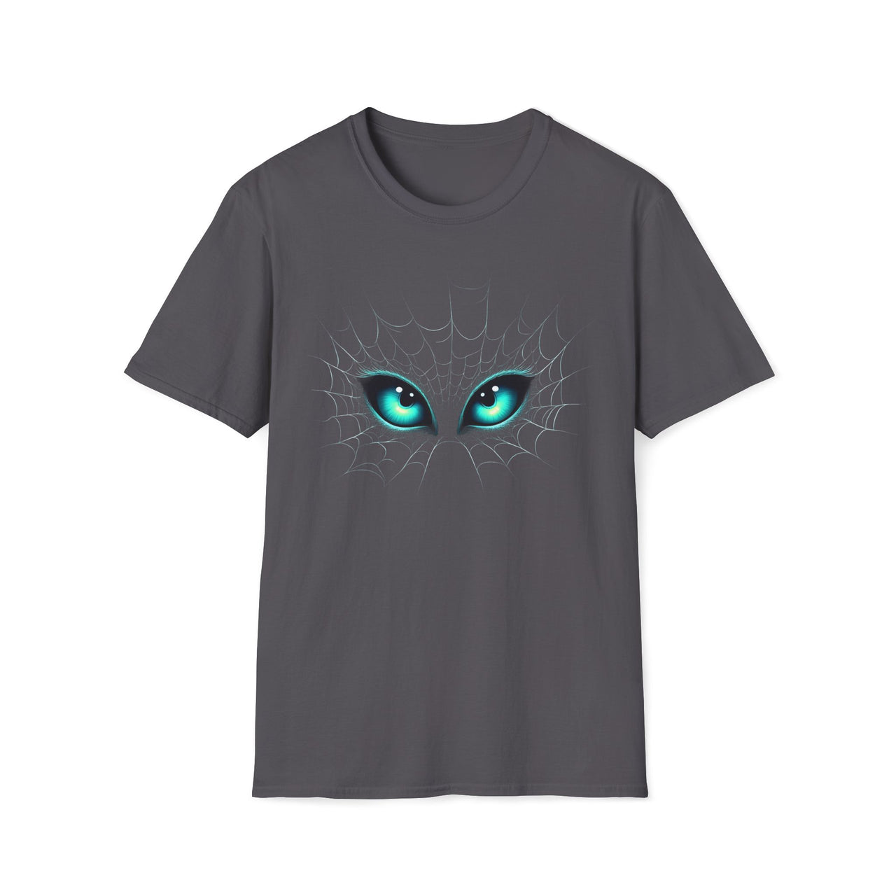 Macabre Threads Charcoal Web Encounter T-Shirt – Gothic Eyes in Web Graphic Tee