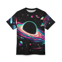 Macabre Threads Black stitching Cosmic Collapse All-Over Print T-Shirt – Galactic Devastation Void Tee