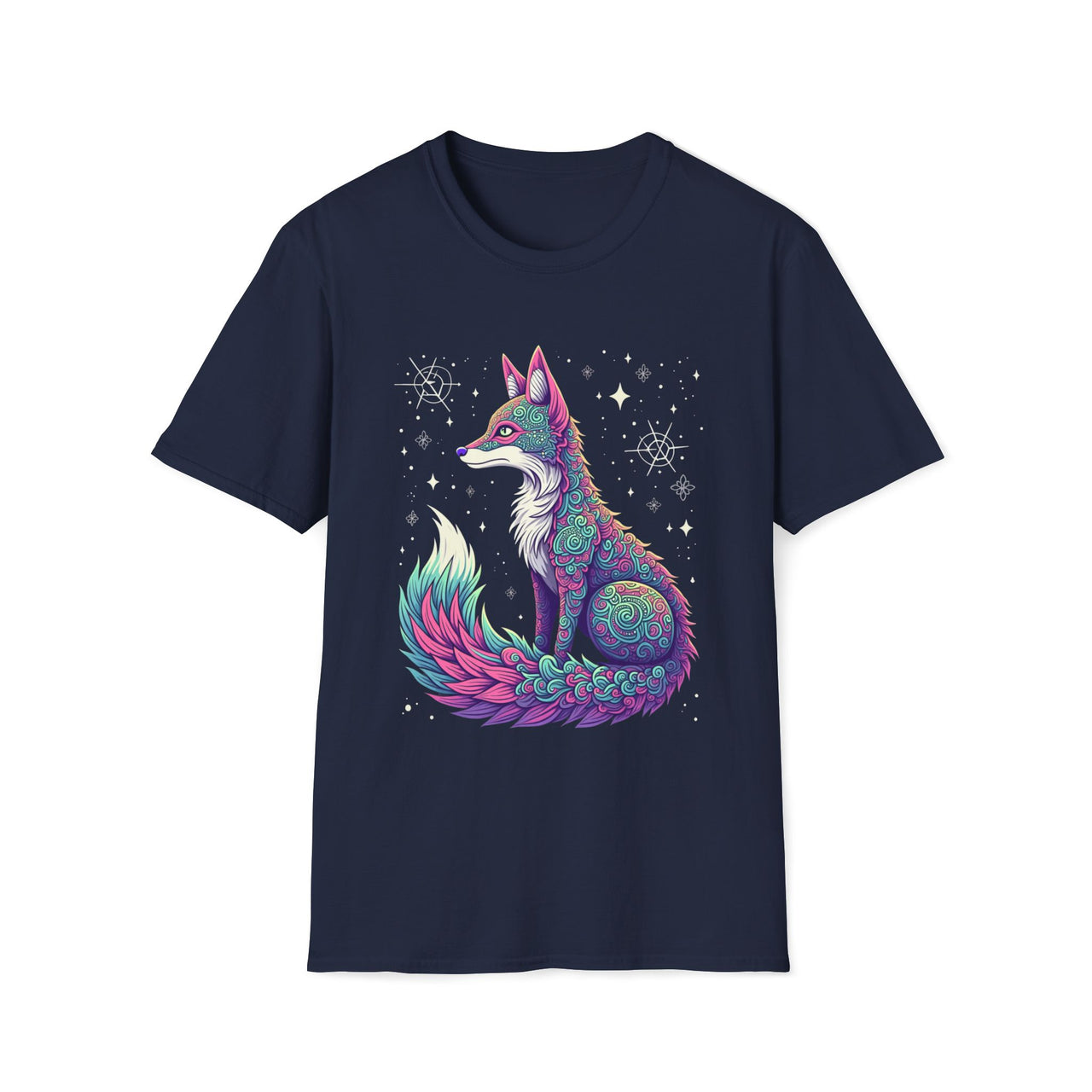 Macabre Threads Navy Cosmic Fox T-Shirt – Mystical Neon Fox Graphic Tee