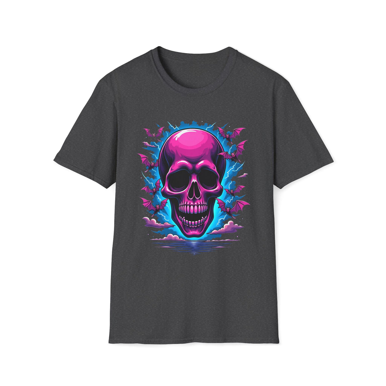 Macabre Threads Dark Heather Bat Swirl Skull T Shirt – Neon Gothic Bat Skull Tee