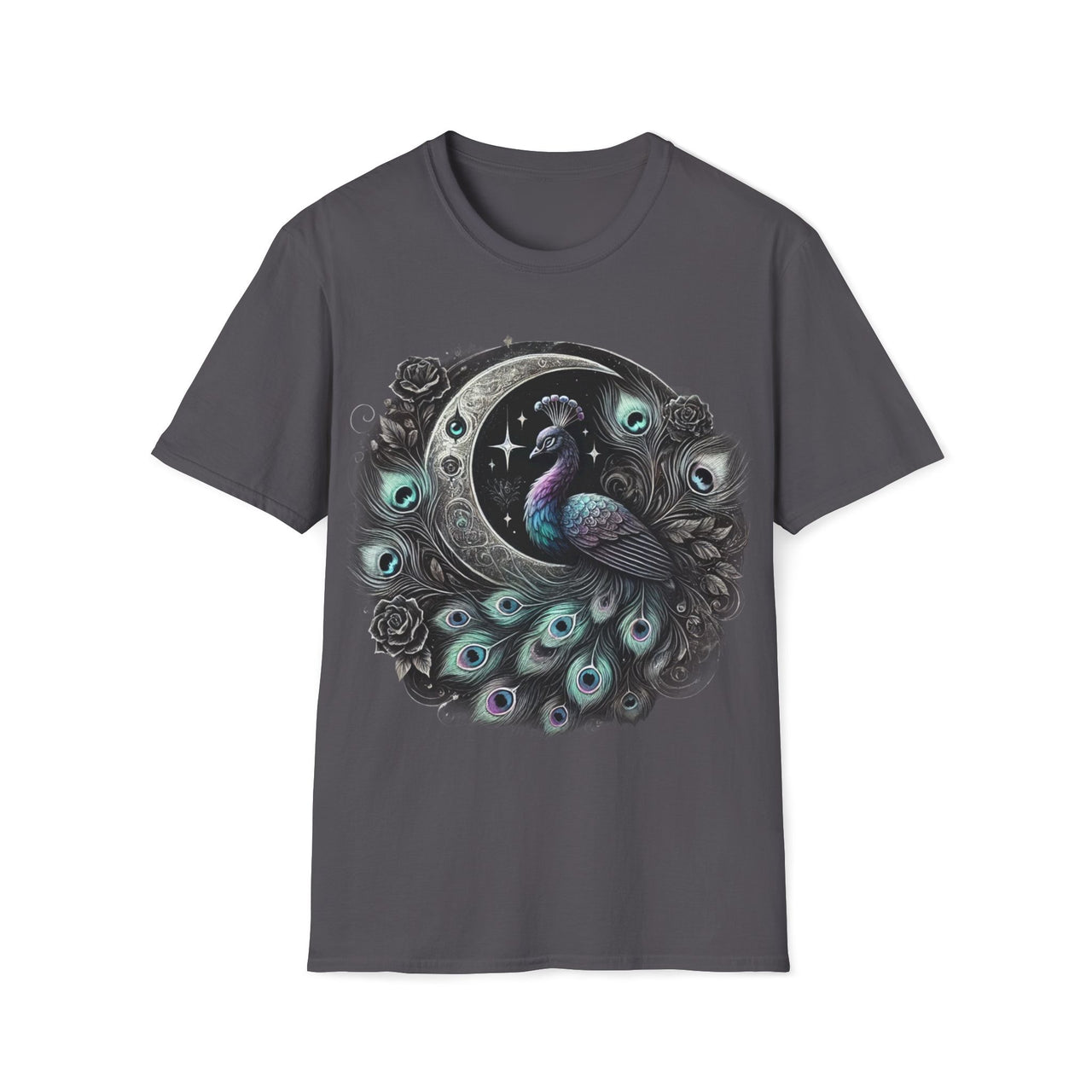 Macabre Threads Charcoal Gilded Nocturn – Gothic Peacock Moon T-Shirt