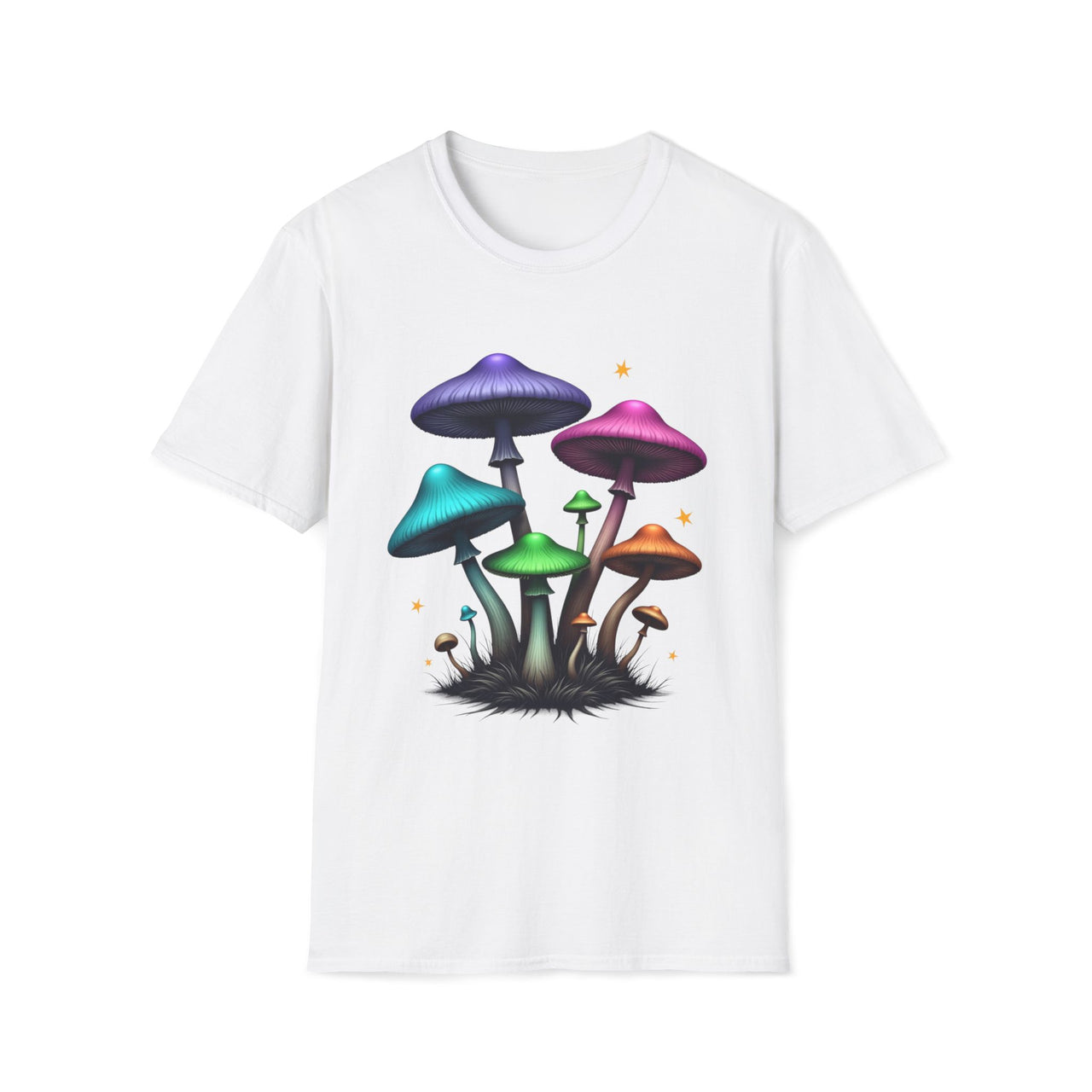 Macabre Threads White Mushroom Glow T-Shirt – Neon Psychedelic Fungi Graphic Tee