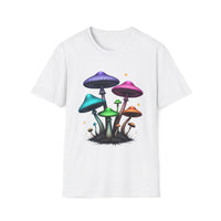 Macabre Threads White Mushroom Glow T-Shirt – Neon Psychedelic Fungi Graphic Tee