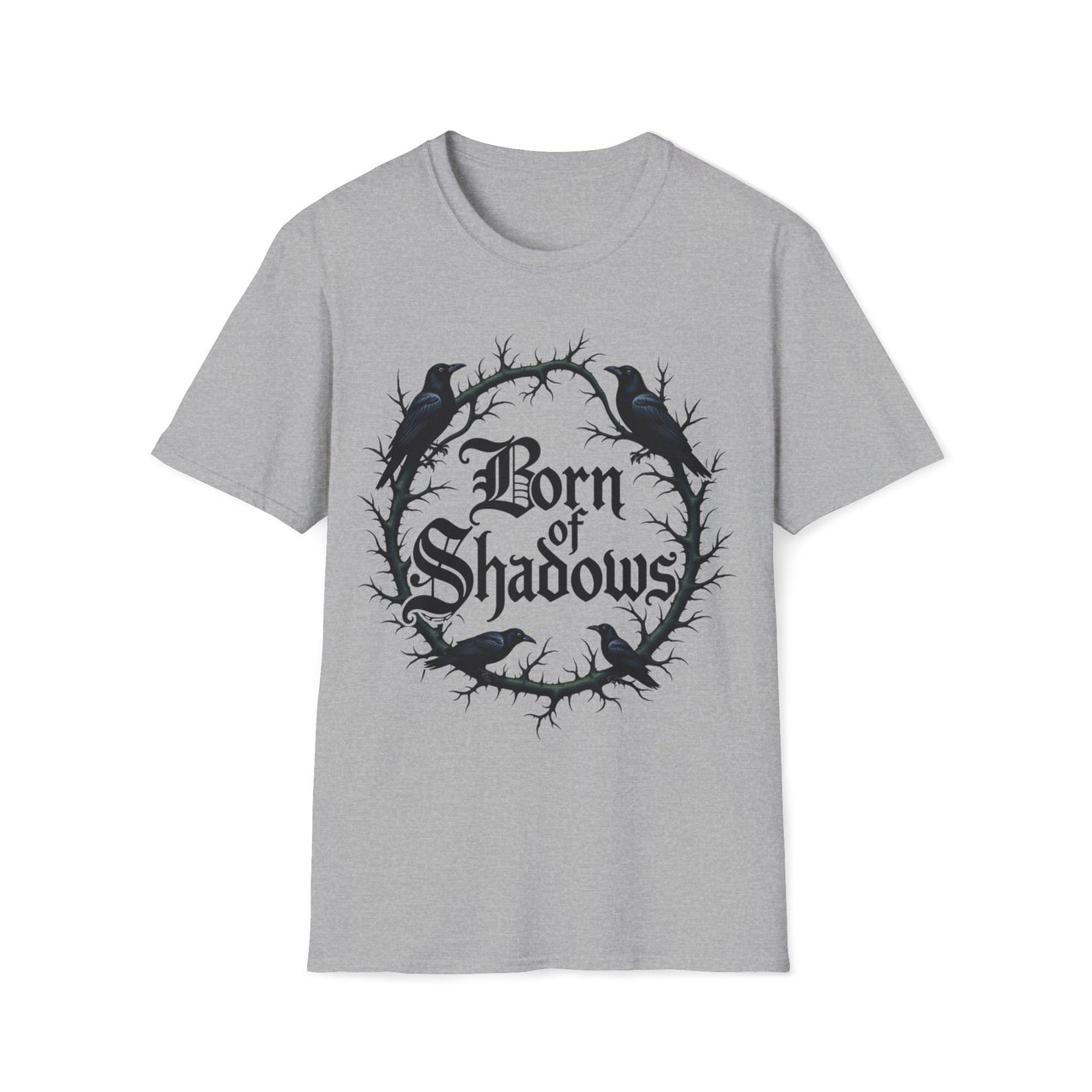 Macabre Threads Sport Grey Shadow Born T-Shirt – Gothic Typography and Crow Design