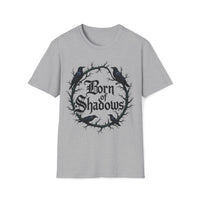 Macabre Threads Sport Grey Shadow Born T-Shirt – Gothic Typography and Crow Design