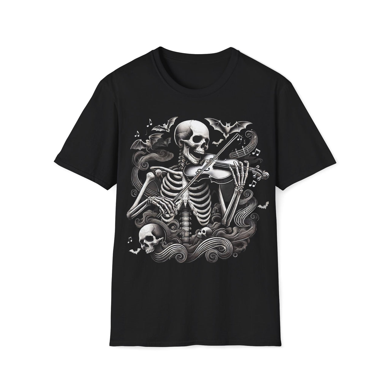 Macabre Threads Black Bone Elegy T-Shirt – Skeleton Violinist Gothic Design